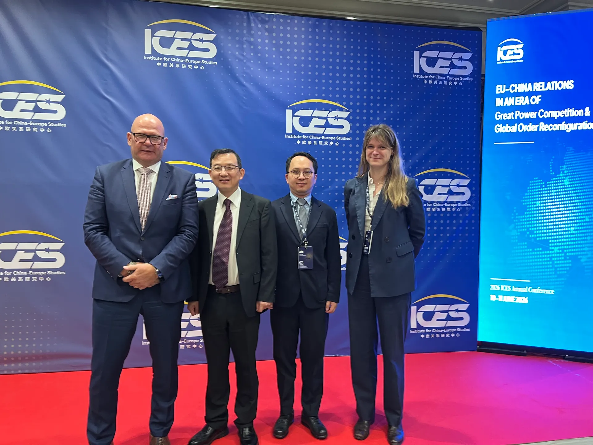 Yang Li with Dr. Niklas Swanström, Dr. Zhu Yifei and Maud Descamps from ISDP at the ICES 2026 Annual Conference, June 2026