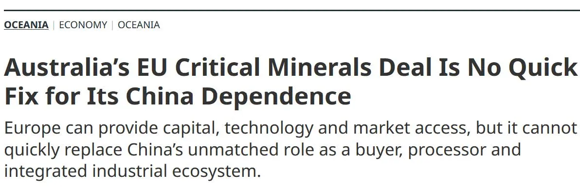 Australia's EU Critical Minerals Deal Is No Quick Fix for Its China Dependence