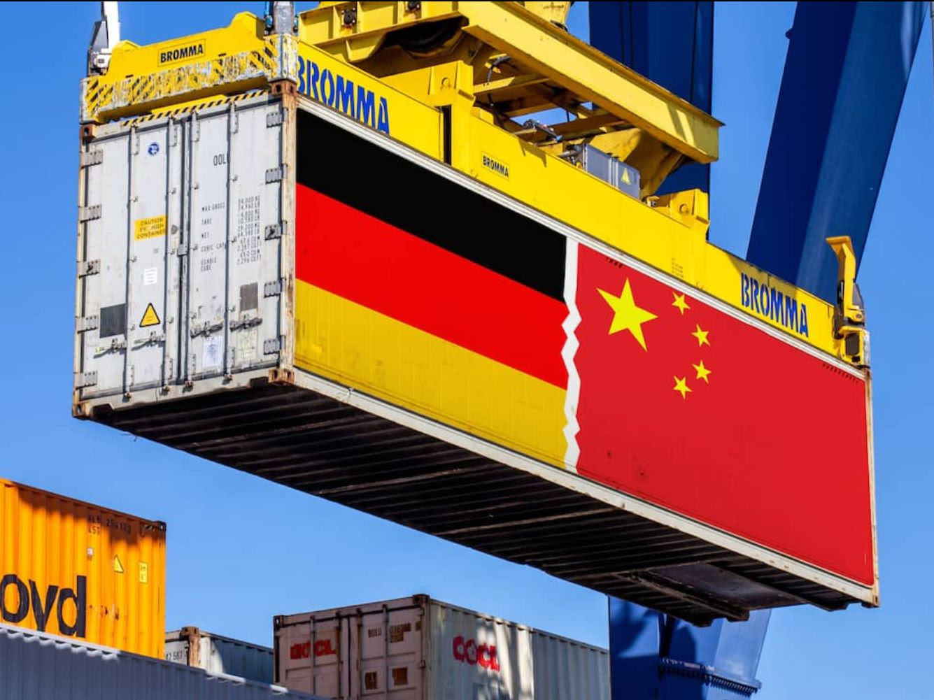Shipping container with German and Chinese flags, redirected goods