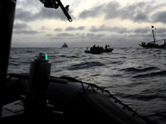 Maritime security at sea at sunset