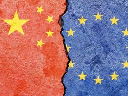 EU and China flags torn apart