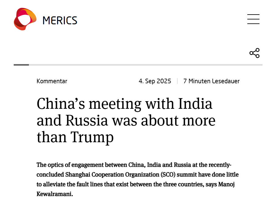 MERICS article screenshot on China’s meeting with India and Russia