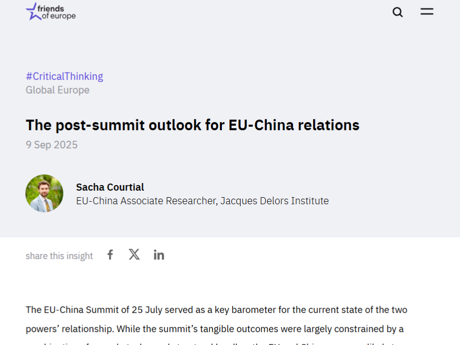 Friends of Europe article screenshot about EU-China post-summit outlook